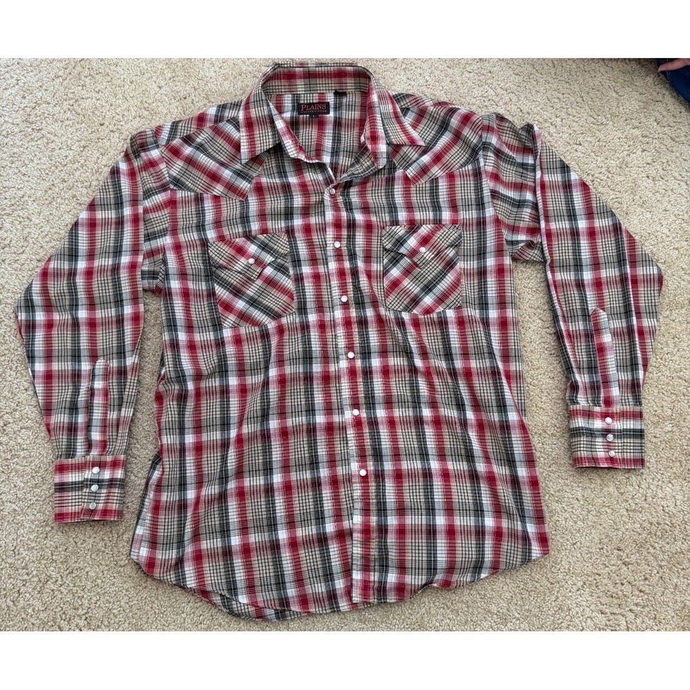 Plains‎ Western Wear Pearl Snap Shirt Mens Large Red Black Cowboy Long Sleeve